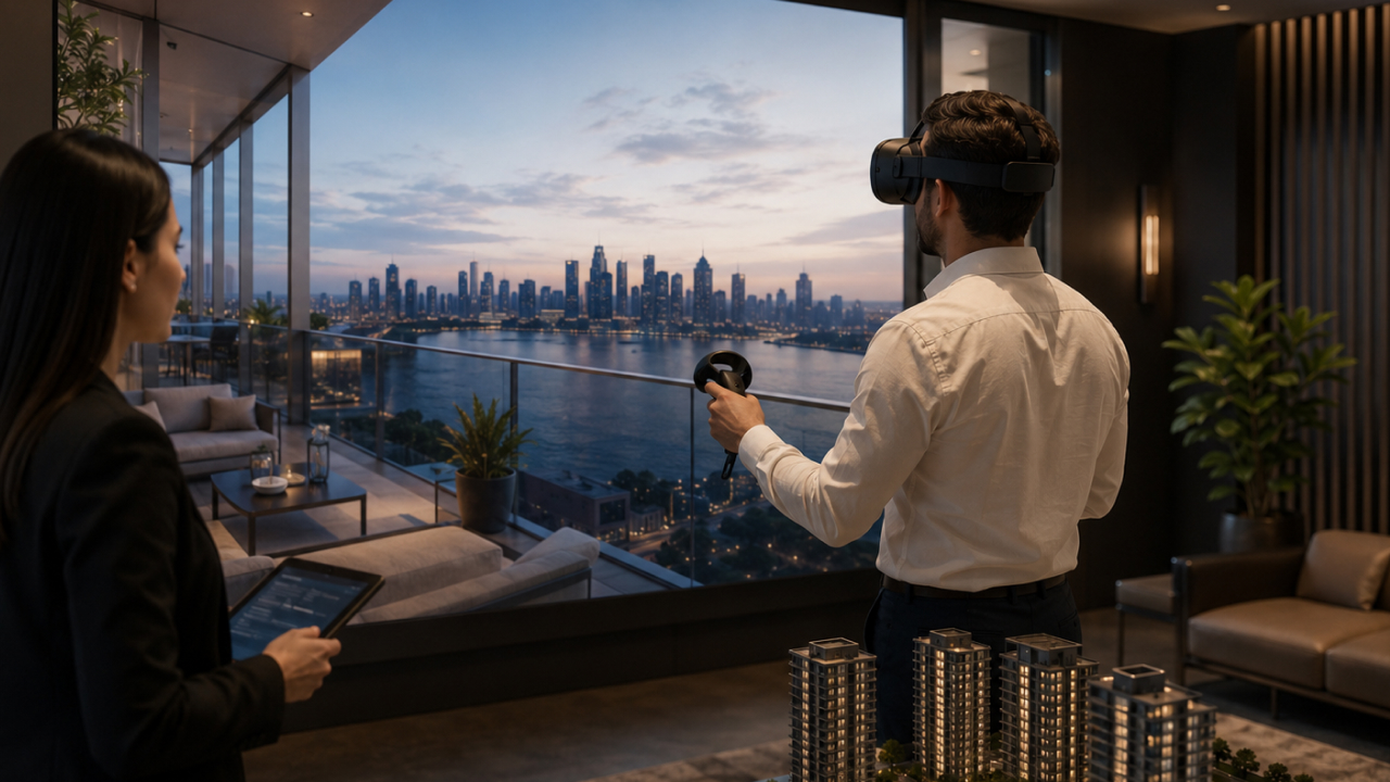 Buyer exploring balcony view through VR real estate walkthrough